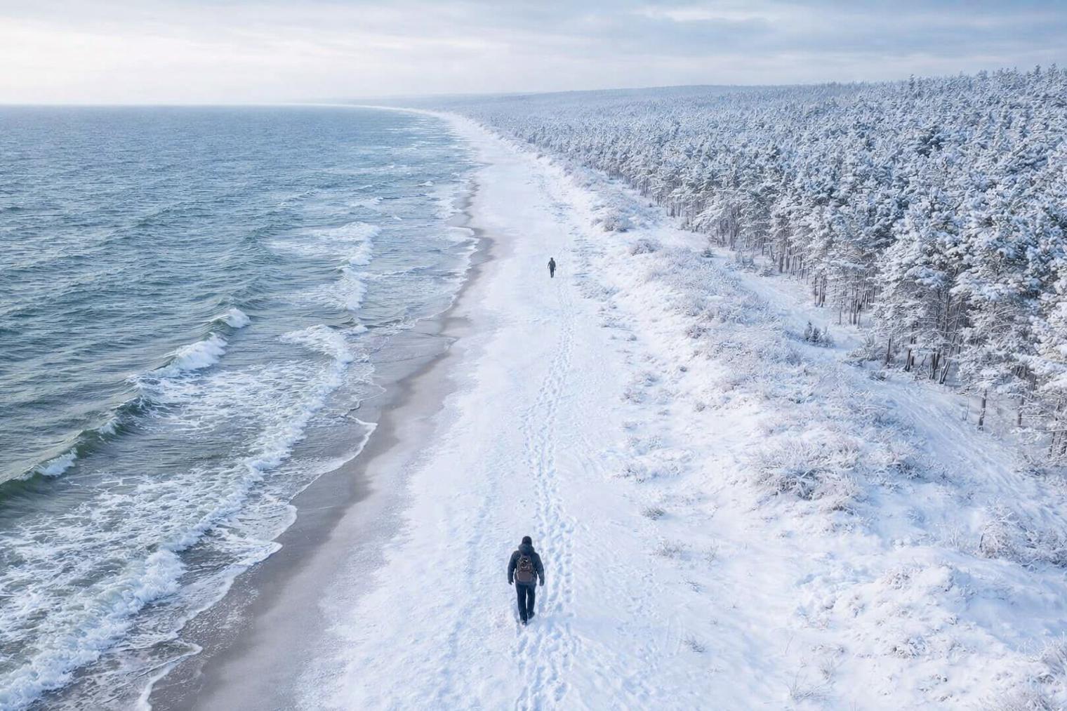 Plaża zimą z dwoma spacerowiczami. Po prawej stronie widać las