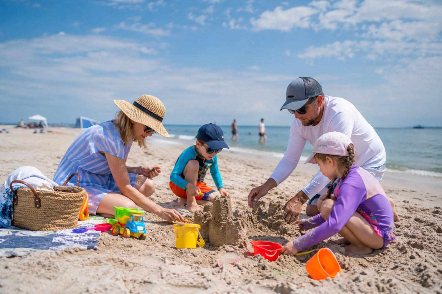 rodzina buduje zamek z piasku na plaży